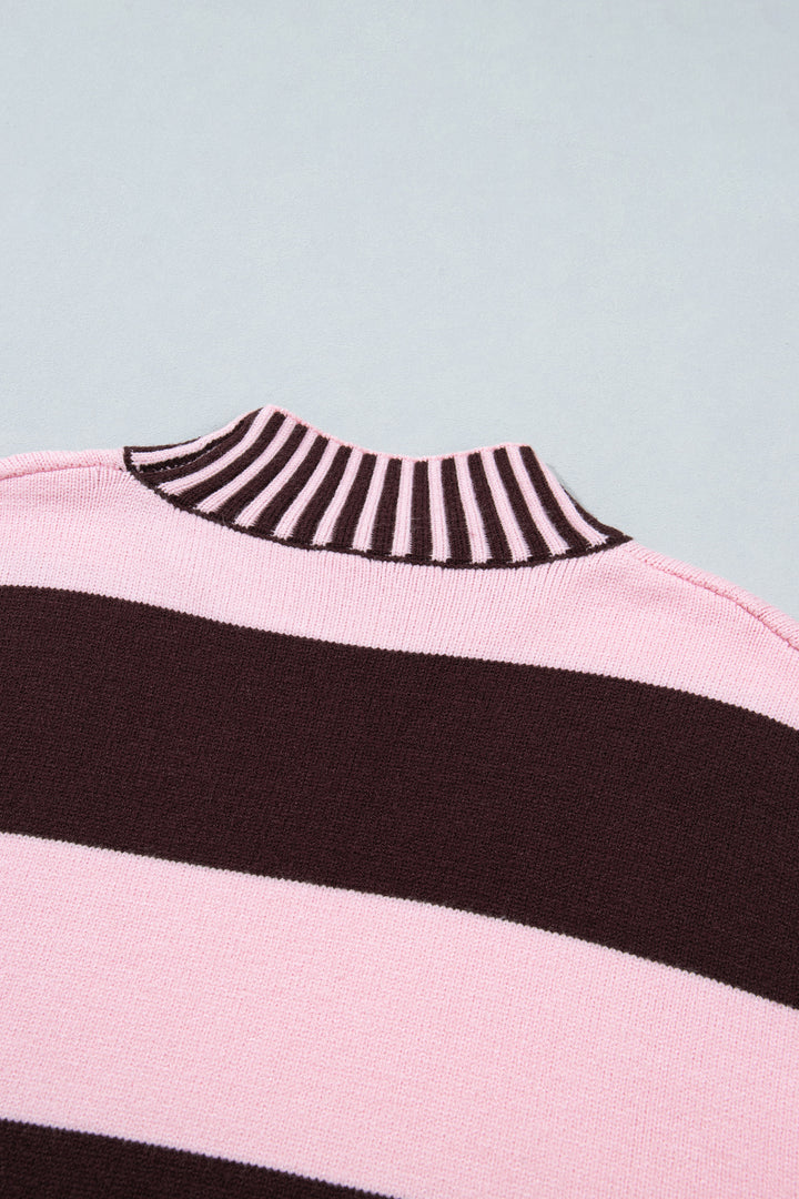 Pink Stripe Contrast High Neck Dropped Shoulder Relaxed Pullover Sweater