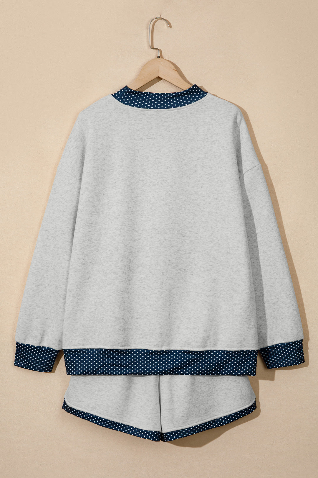 Light Grey Polka Dot Patchwork Mock Neck Pullover Casual Shorts Set