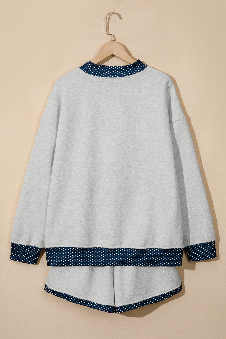 Light Grey Polka Dot Patchwork Mock Neck Pullover Casual Shorts Set