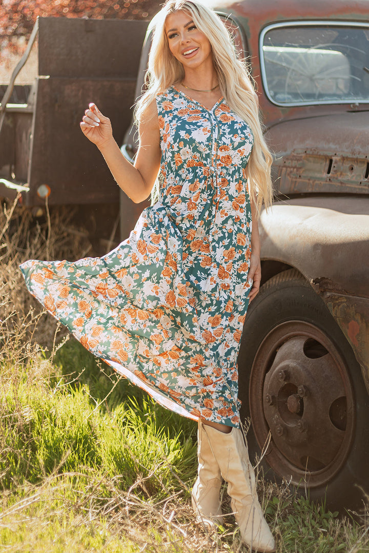 floral print trimmed v neck tie waist sleeveless holiday long dress