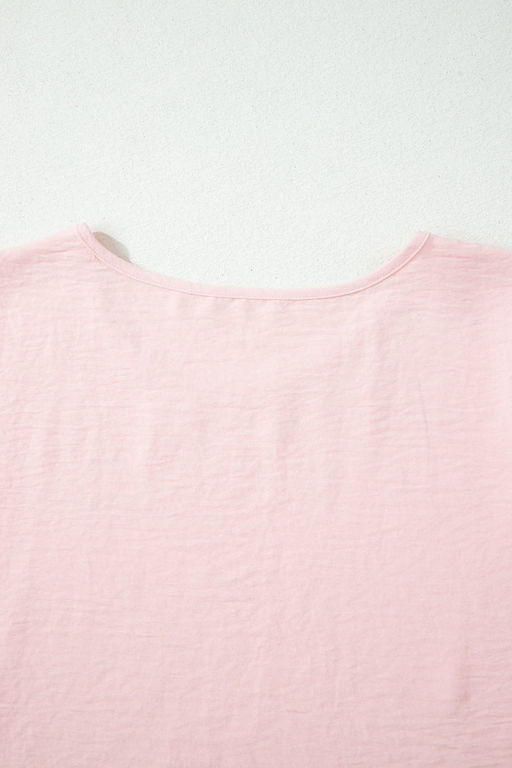 Light Pink Solid Color Ruffle Trim Short Sleeve Blouse