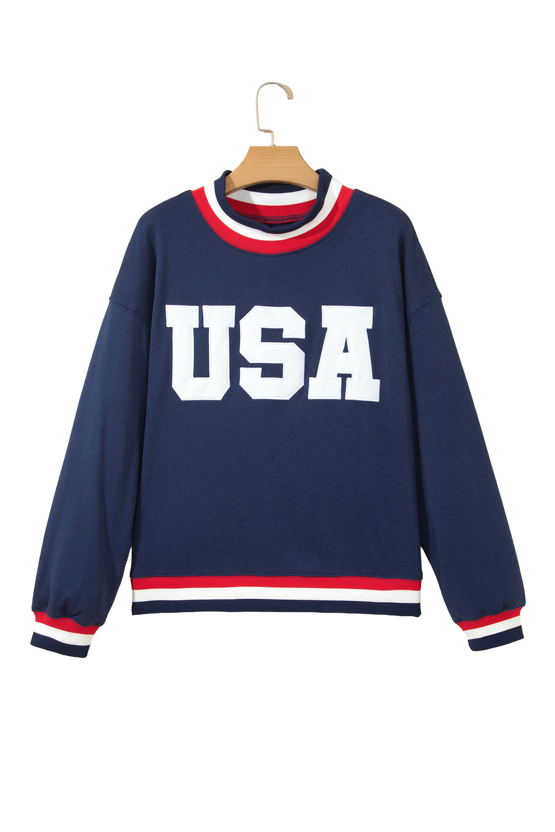 Dirty blue USA Slogan Patch Embroidery Colorblock High Neck Long Sleeve Sweatshirt