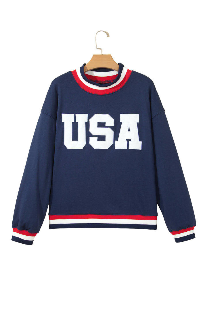 Dirty blue USA Slogan Patch Embroidery Colorblock High Neck Long Sleeve Sweatshirt