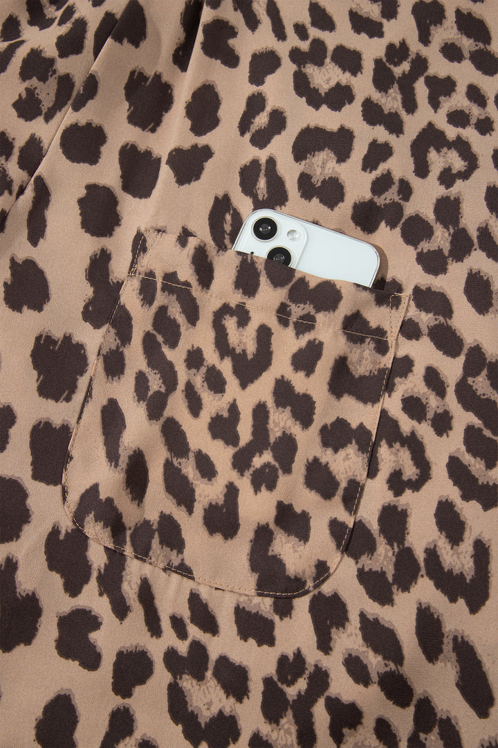 Khaki Leopard Print Square Neck Pleated Wide Leg Jumpsuit