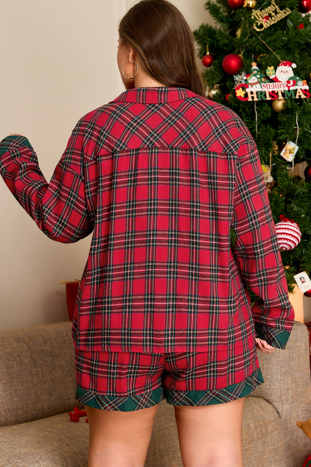 Red Plus Size Plaid Long Sleeve Shirt and Shorts 2pcs Pajama Set