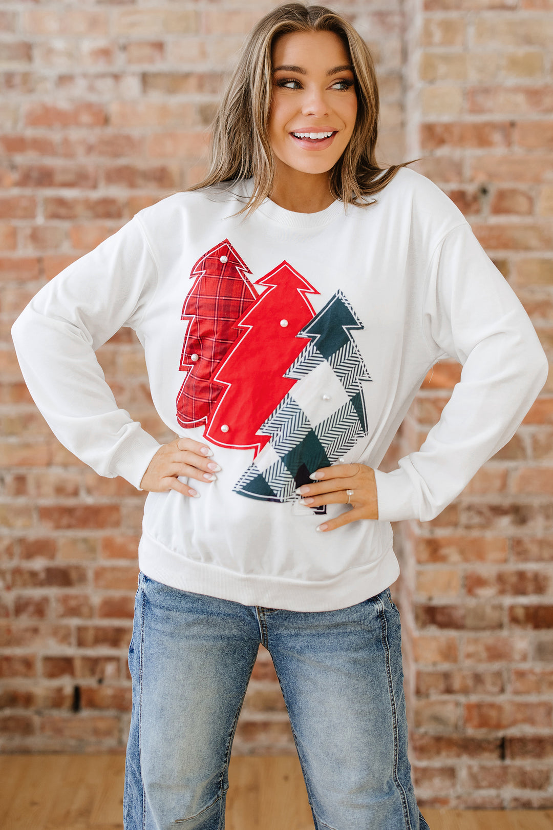 Pearl Plaid Christmas Tree Patched Drop Shoulder Sweatshirt