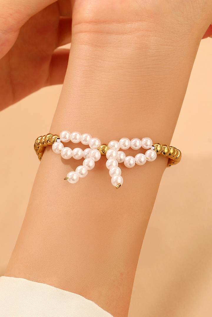 Pearled Bow Knot Plated Beads Adjustable Bracelet