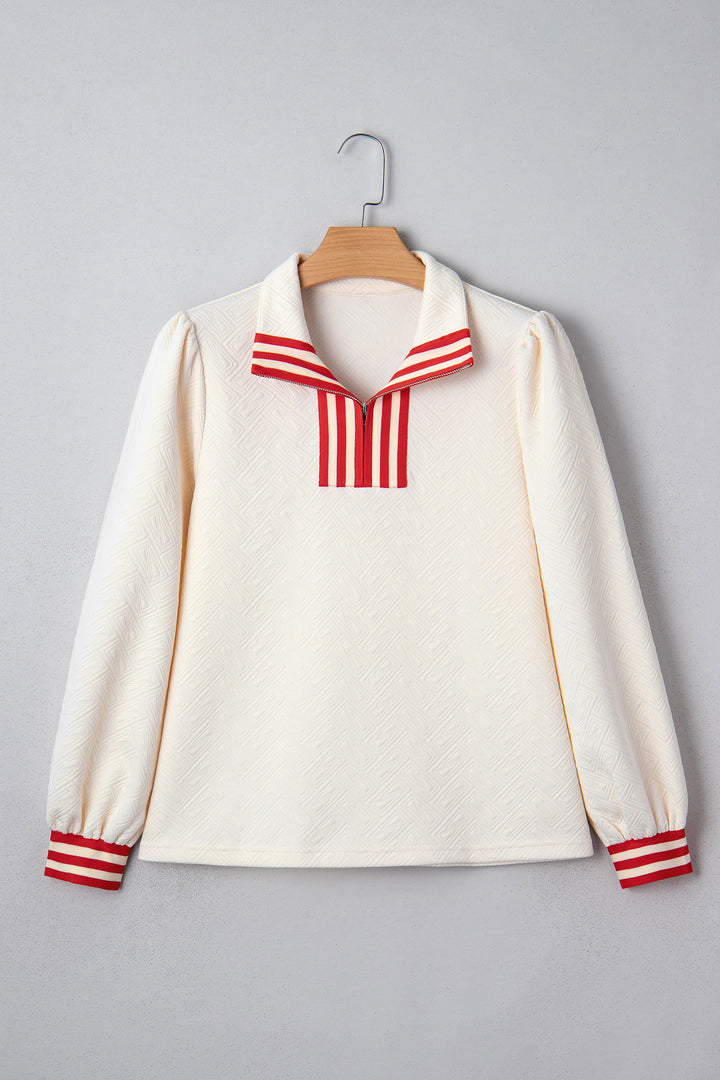 Textured Knit Contrast Striped Accent Zipped Collar Pullover Top