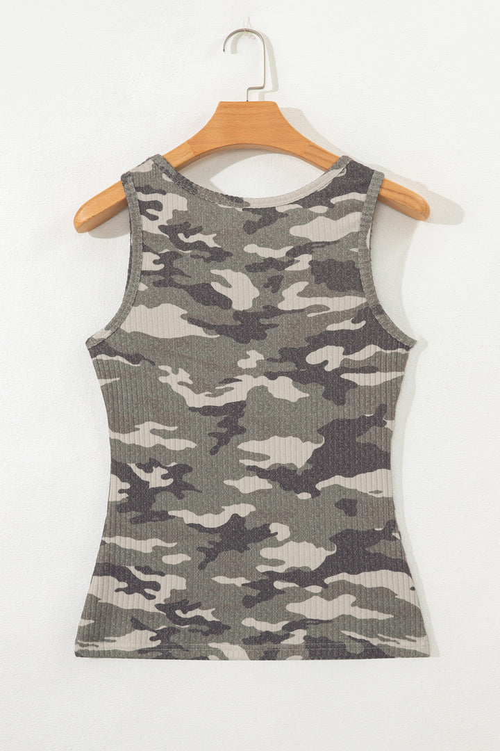 Green Camouflage Print Ribbed Knit Round Neck Tank Top