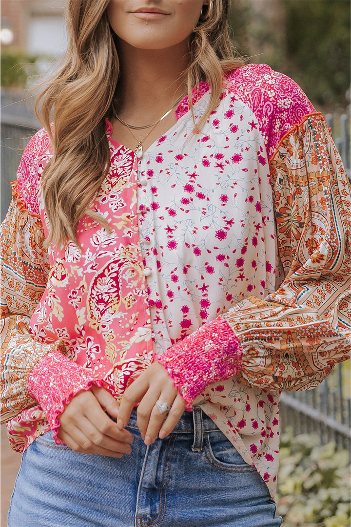 Mixed Floral Printed Puff Sleeve V-Neck Shirt