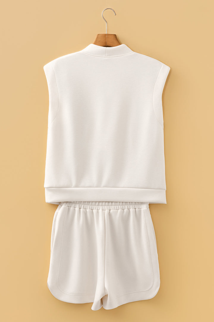 Oatmeal Quarter Zip Sleeveless Top Drawstring Shorts Casual 2pcs Outfit