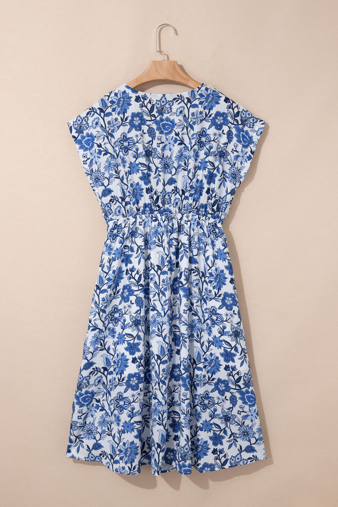 Sky Blue Abstract Print Embroidered Trim V Neck Drawstring High Waist Loose Vacation Dress