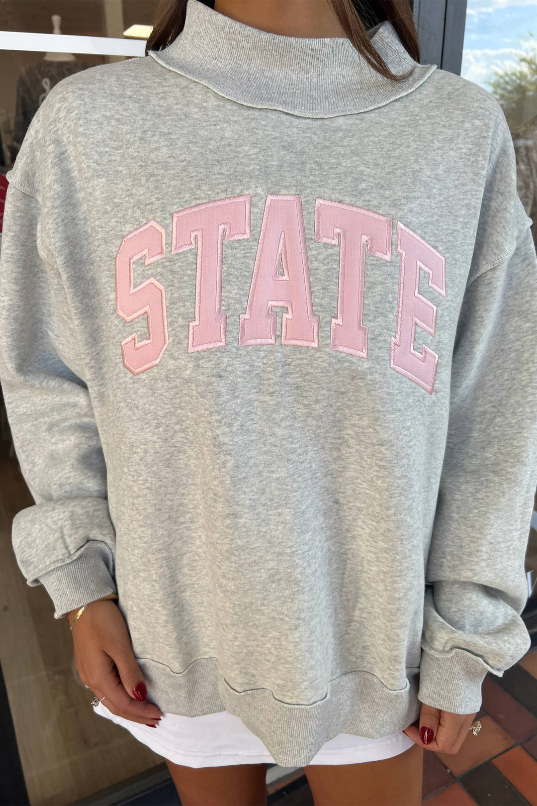 Light Grey  Mock Neck Letter Embroidered Loose Sweatshirt