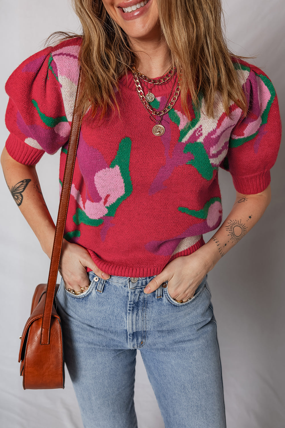 Floral Abstract Print Short Puff Sleeve Sweater