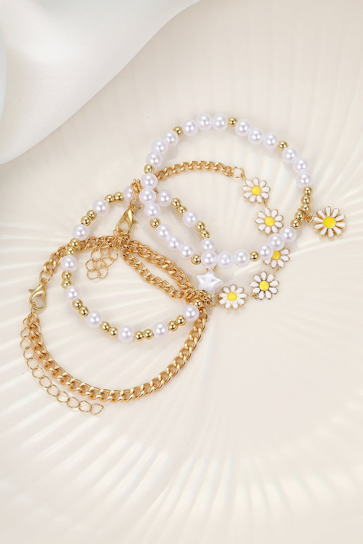 4pcs Daisy Pearl Beaded Chain Bracelet Set