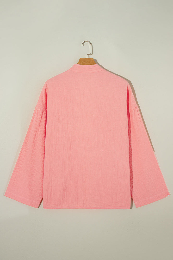 Plus Size Solid Color Chest Pockets Crinkled Blouse
