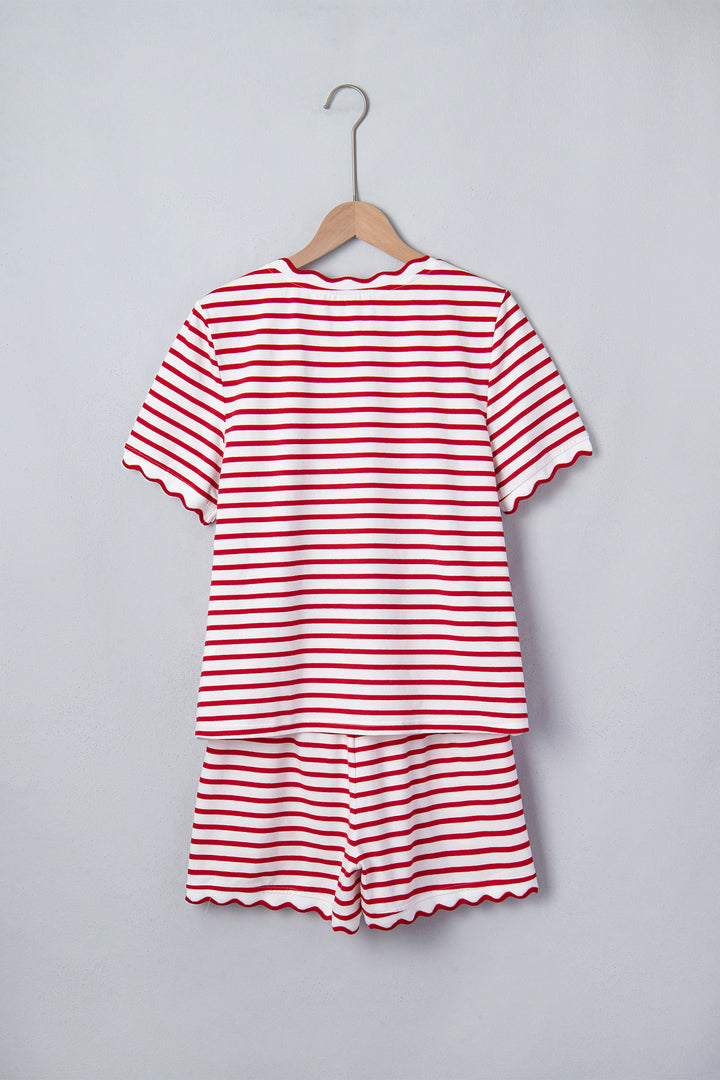 Cute Red Stripe Scallop Trim Casual Top 2pcs Short Set