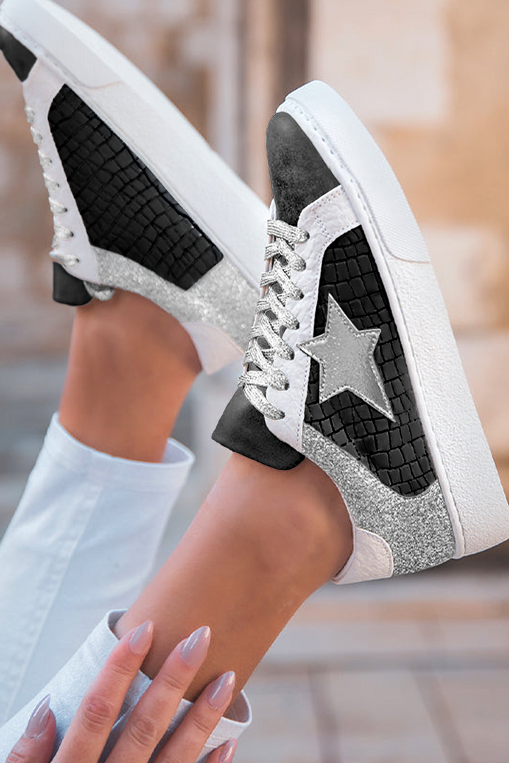 Schnür-Sneakers aus PU-Leder mit Glitzerstern-Patchwork 