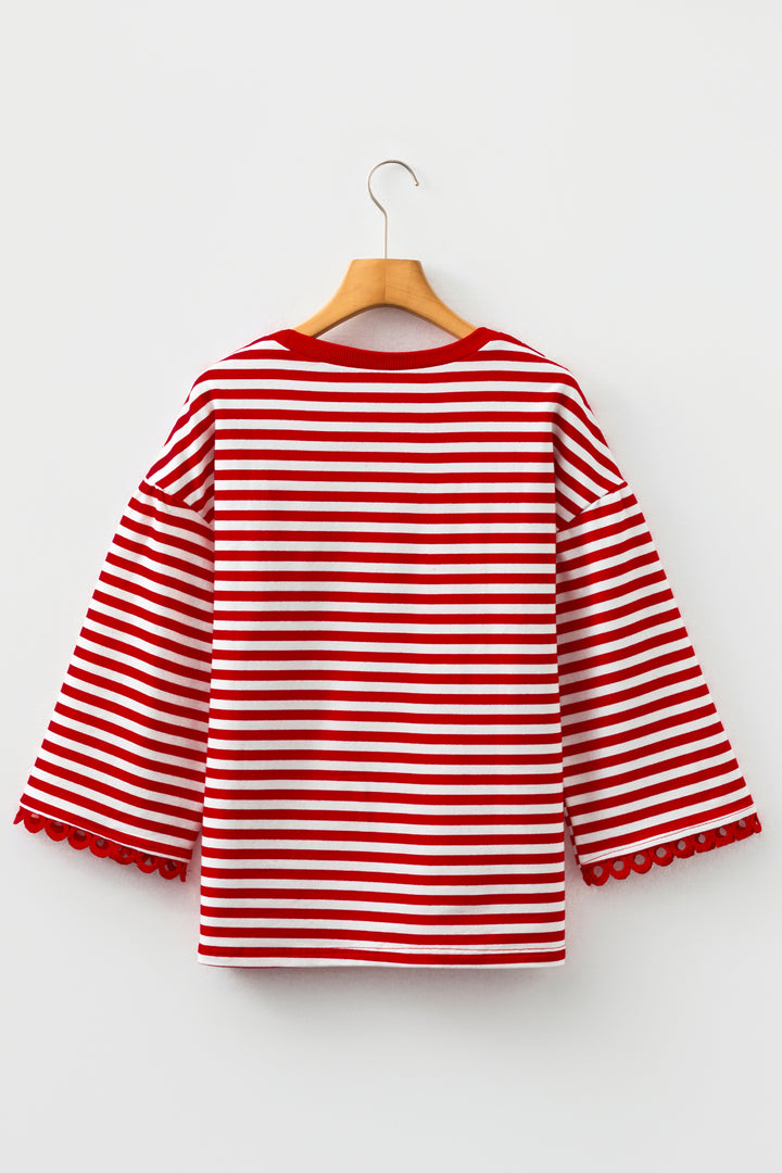 Racing Red Striped Print Drop Shoulder Lace Trim Bracelet Sleeve Loose Top