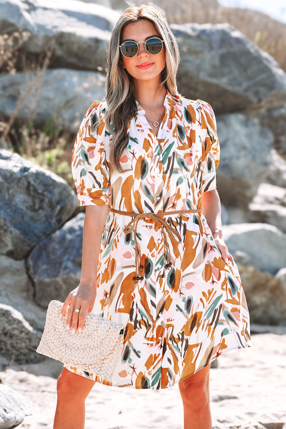 Abstract Printed Puff Sleeve Button Up Braided Belt Mini Dress