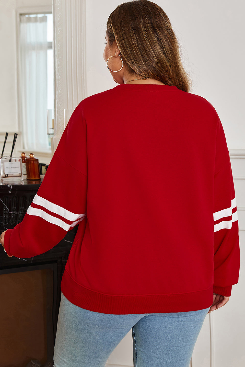 Fiery Red Varsity Striped Detail Crew Neck Plus Sweatshirt