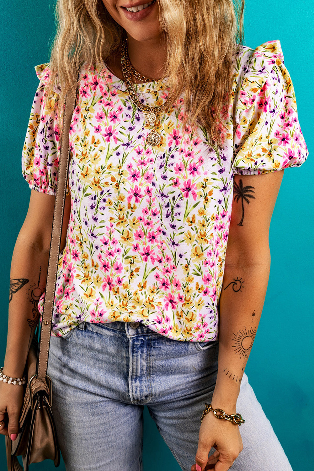 floral puff short sleeve crewneck blouse