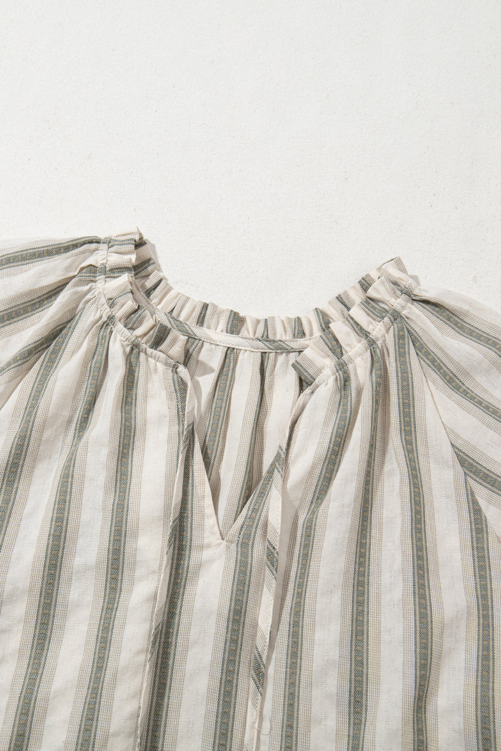 Gray Stripe Frilled Tie Neck Short Sleeve Blouse