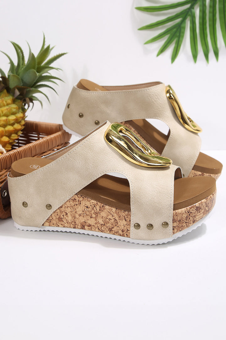 Beige Retro Suede Cutout Gold Buckle Detail Platform Wedge Slippers