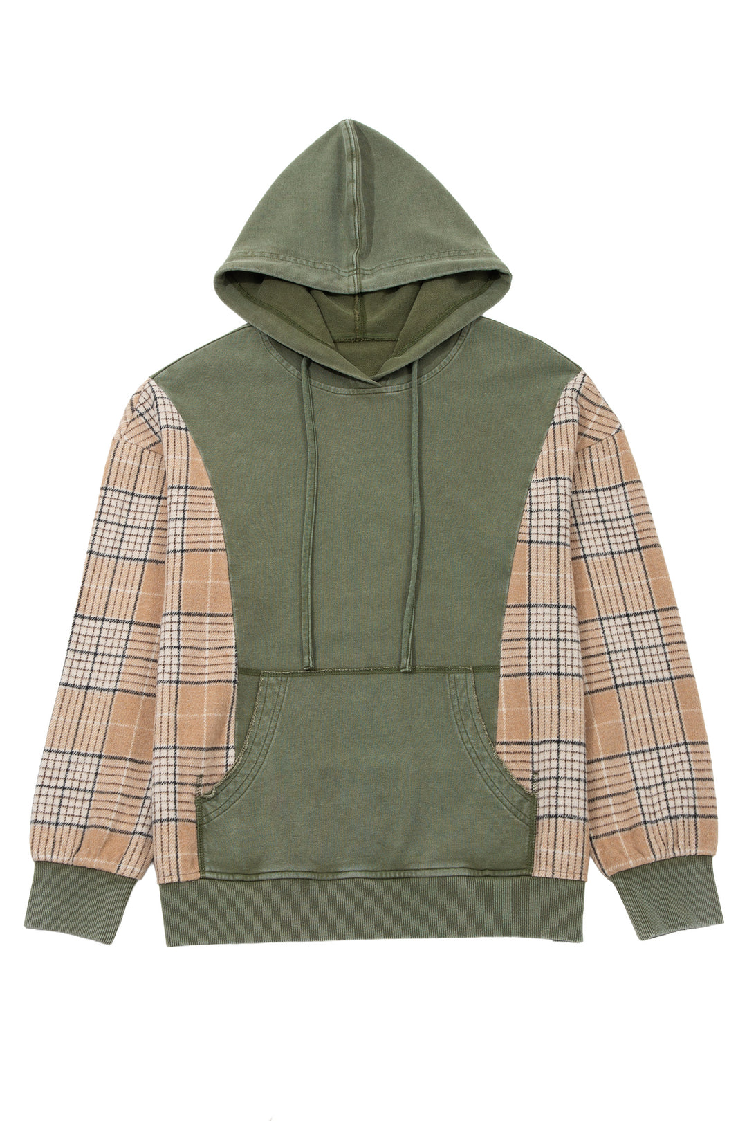 Moss Green Plaid Sleeve Drawstring Pocket Hooded Sweatshirt