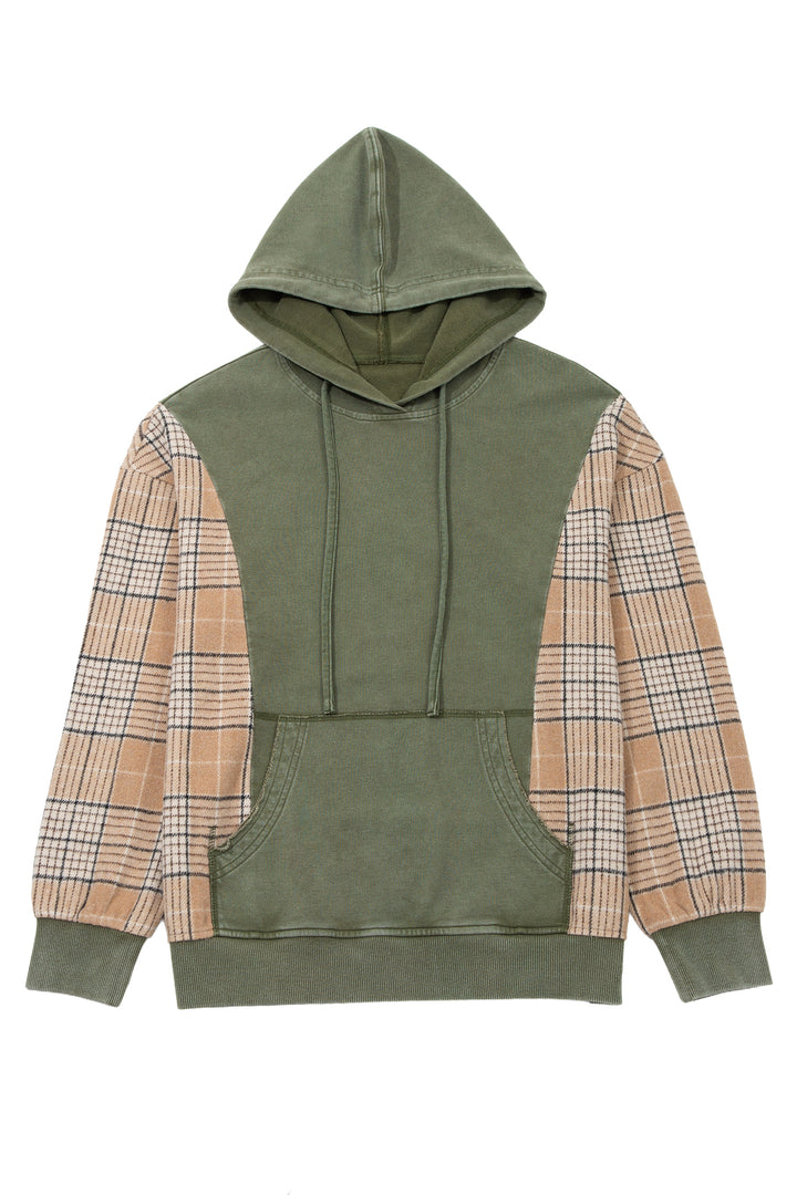 Moss Green Plaid Sleeve Drawstring Pocket Hooded Sweatshirt