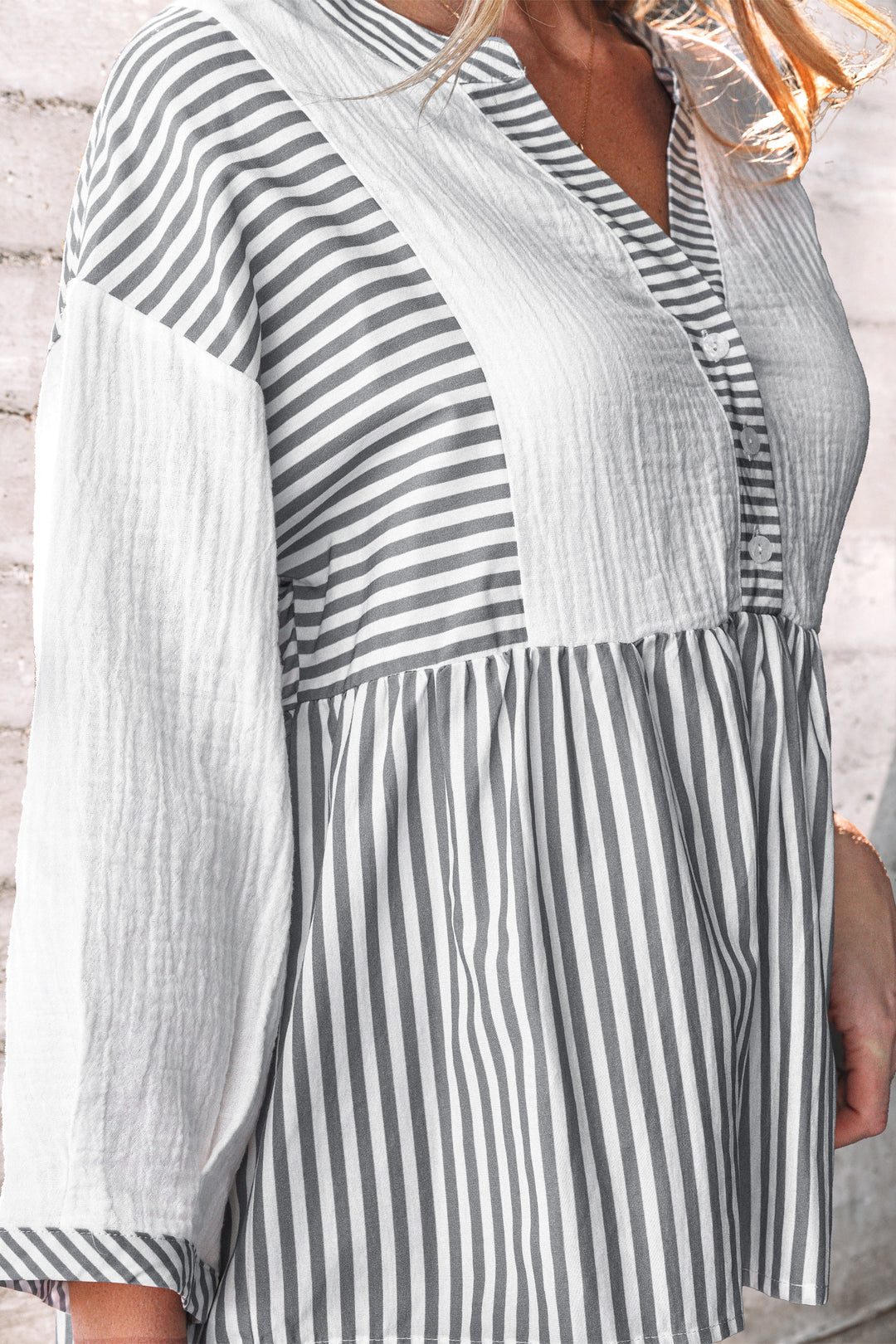 Half Button Gauze Patchwork Bracelet Sleeve Babydoll Blouse