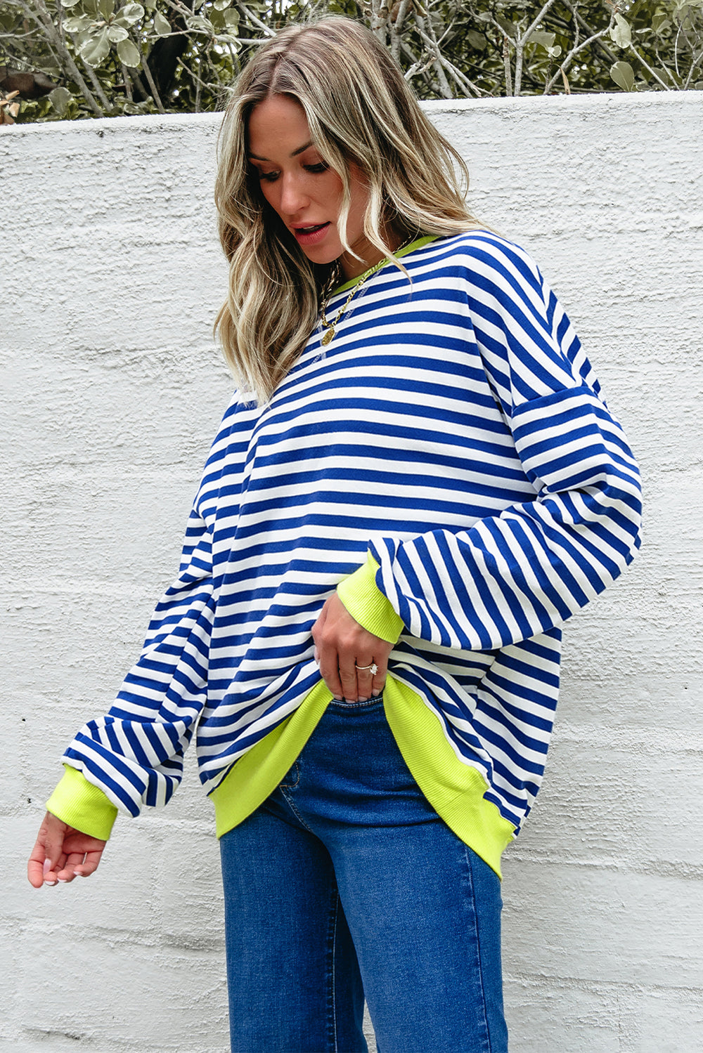 Striped Contrast Ribbed Trim Crossed Stitch Drop Shoulder Sweatshirt