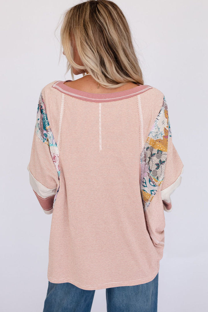Pinstriped Color Block Patchwork Oversized Top