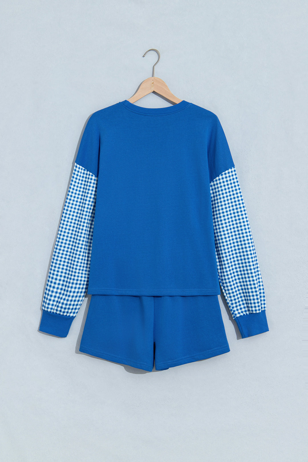 Blue Plaid Patchwork Long Sleeve Top Solid Drawstring Shorts Set