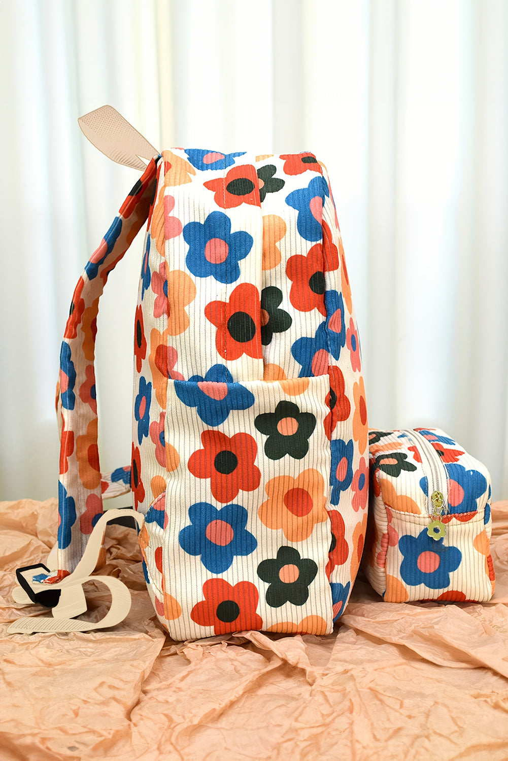 Sac à dos en velours côtelé à imprimé floral avec pochette assortie
