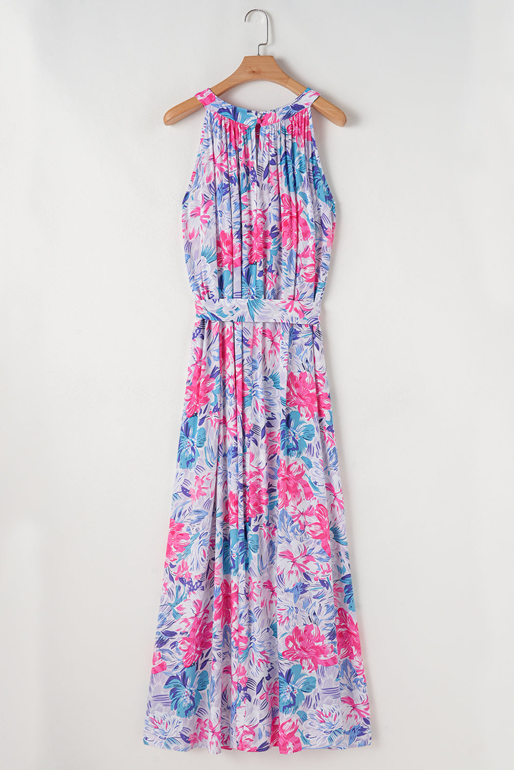 Floral Printed Sleeveless O Neck Knot Waist Maxi Dress