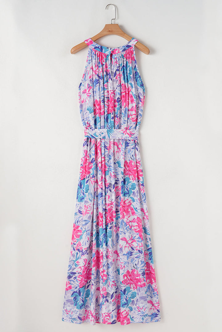 Floral Printed Sleeveless O Neck Knot Waist Maxi Dress