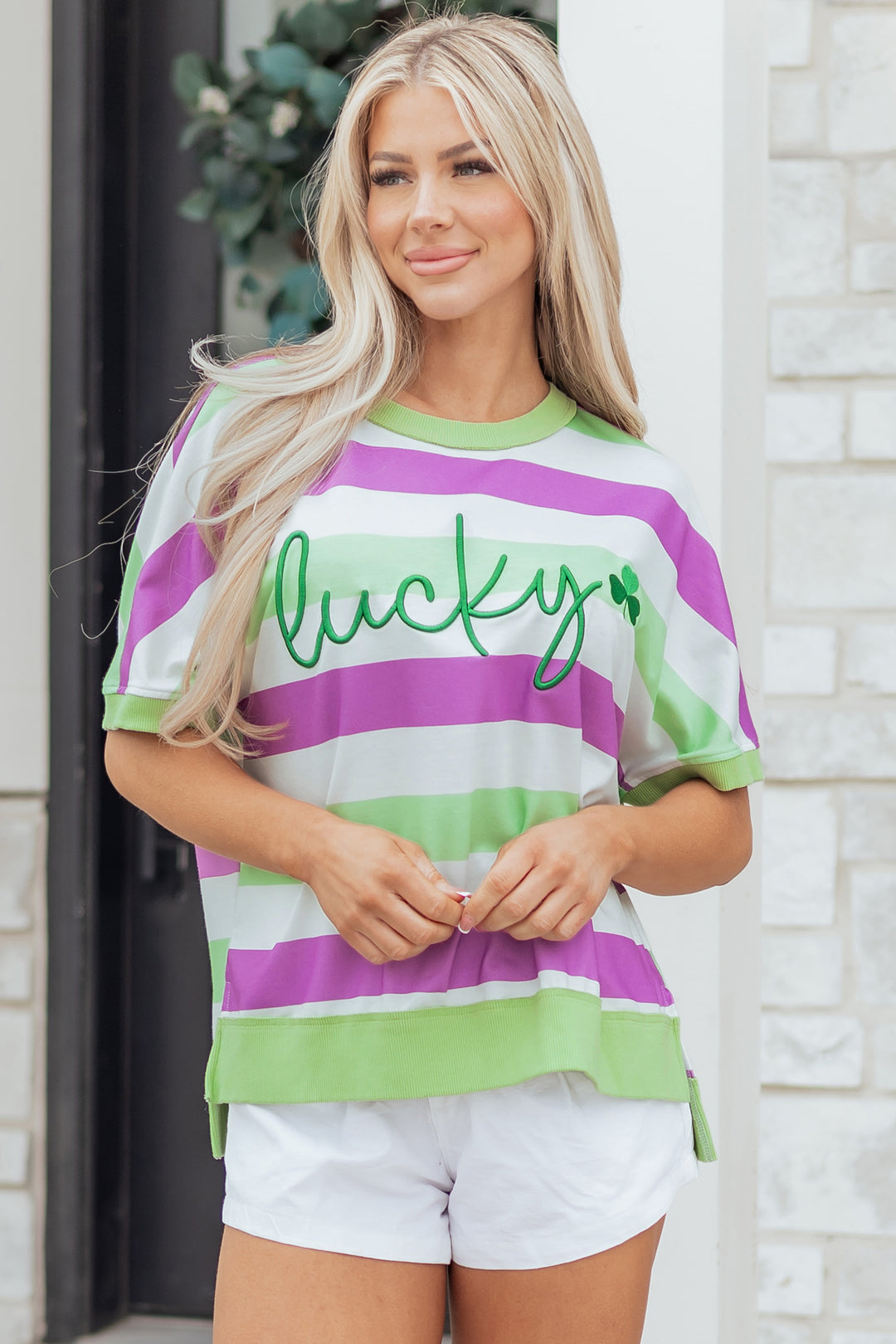 Lucky Clover Embroidered Graphic Dolman Loose Tee
