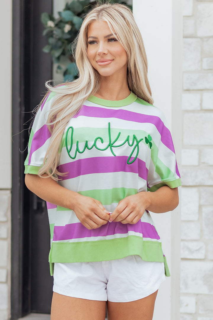 Lucky Clover Embroidered Graphic Dolman Loose Tee