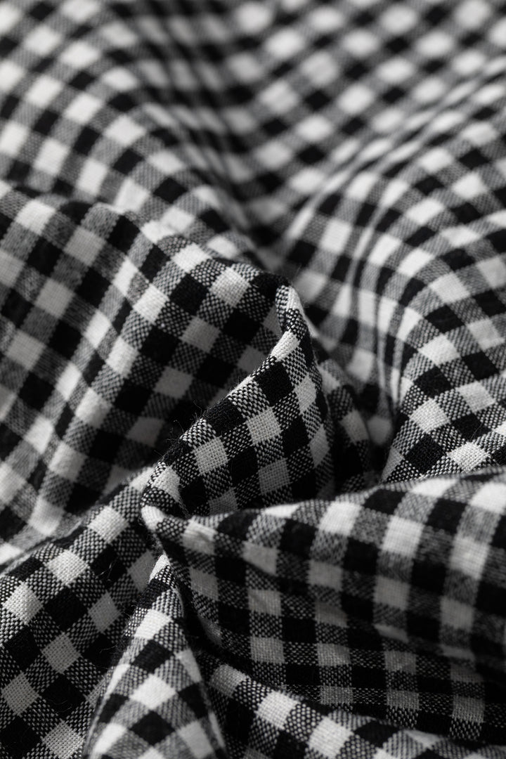 Black Plaid Shirred Cuff Long Sleeve Round Neck Blouse