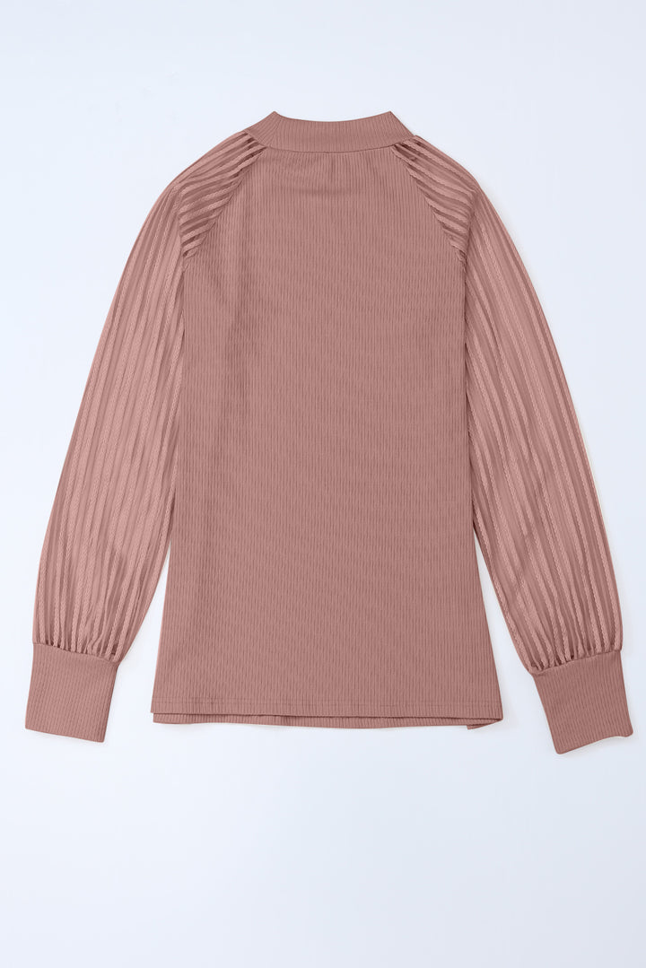 Pink Black Striped Mesh Long Sleeve Crewneck Ribbed Top