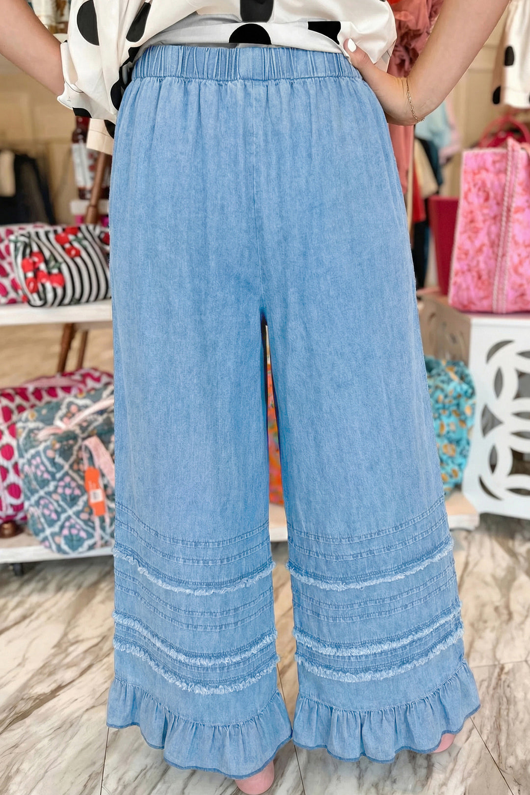 Casual Beau Blue Ruffled Hem Wide Leg Chambray Pants