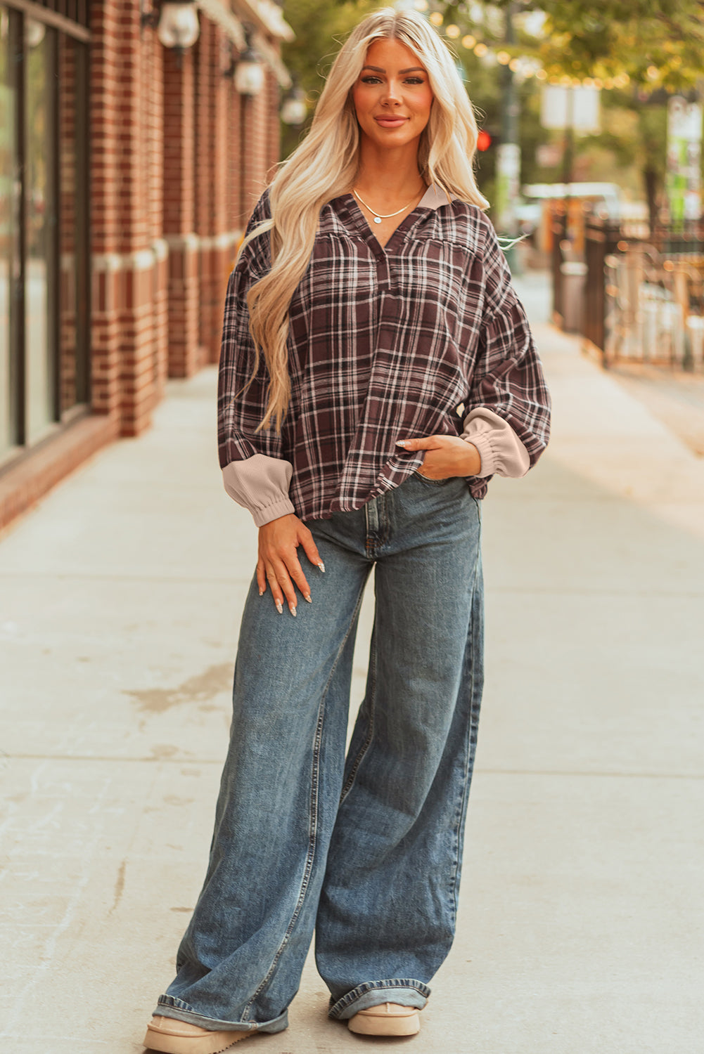 Plaid Patchwork Long Sleeve Button Hooded Blouse