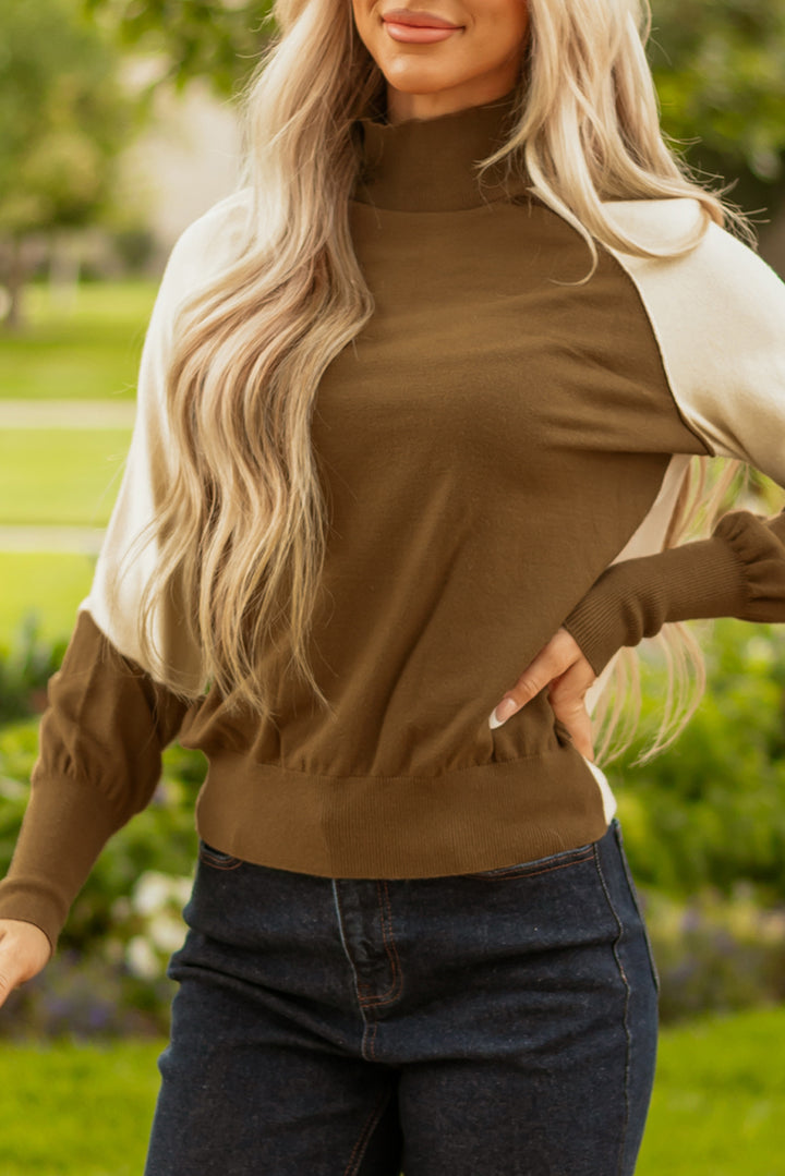 Colorblock Raglan Puff Sleeve Mock Neck Sweater