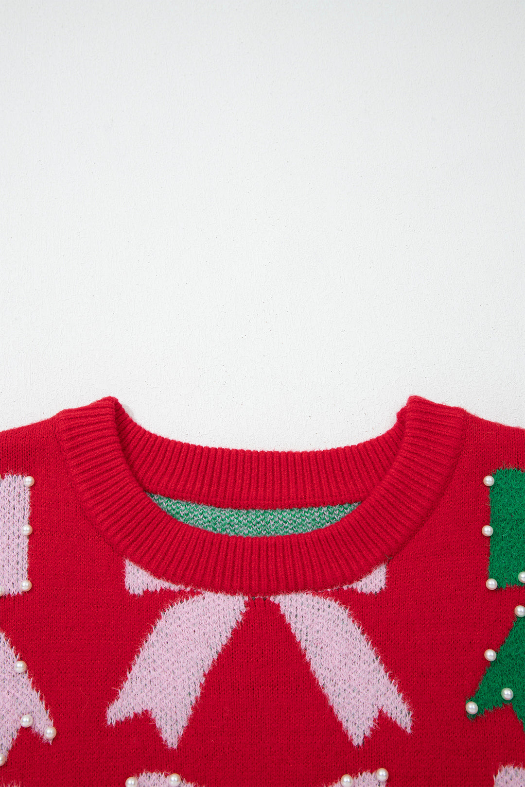 Fiery Red Bow Pearl Embellished Christmas Holiday Sweater
