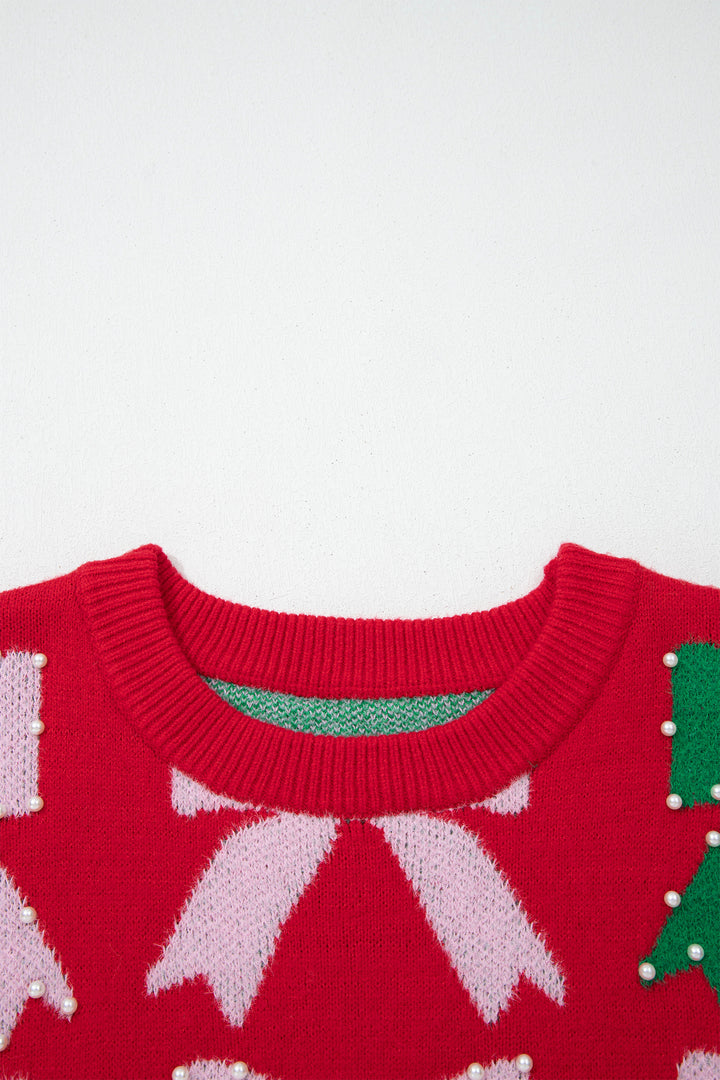 Fiery Red Bow Pearl Embellished Christmas Holiday Sweater