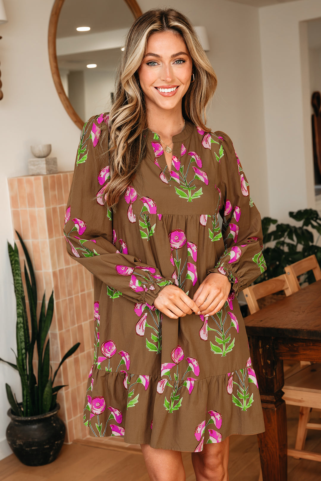 Contrast Floral Print Babydoll Tunic Ruffled Hem Puff Sleeve Dress