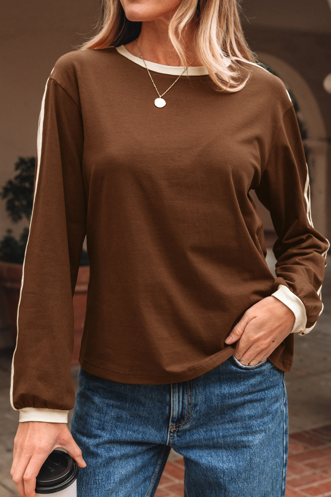 Varsity Striped Accent Contrast Crew Neck Long Sleeve T Shirt