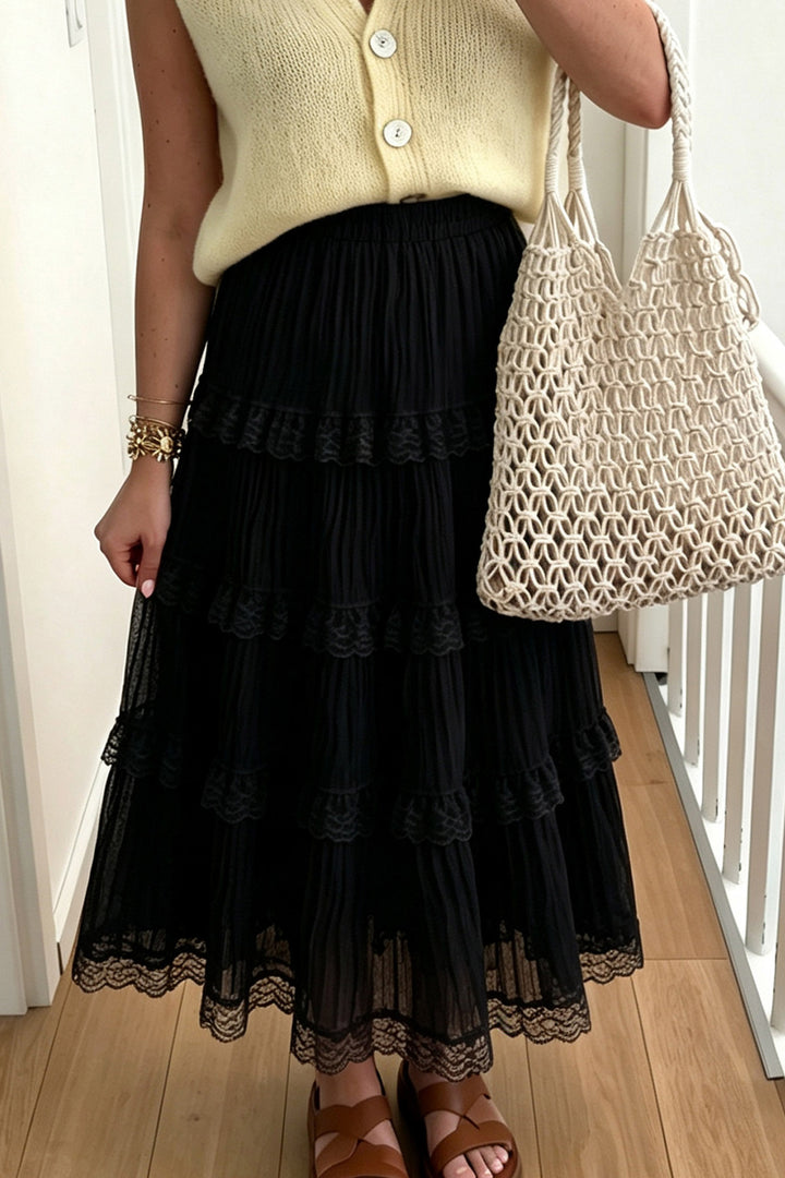 Black Pleated Tiered Lace Trim Maxi Skirt
