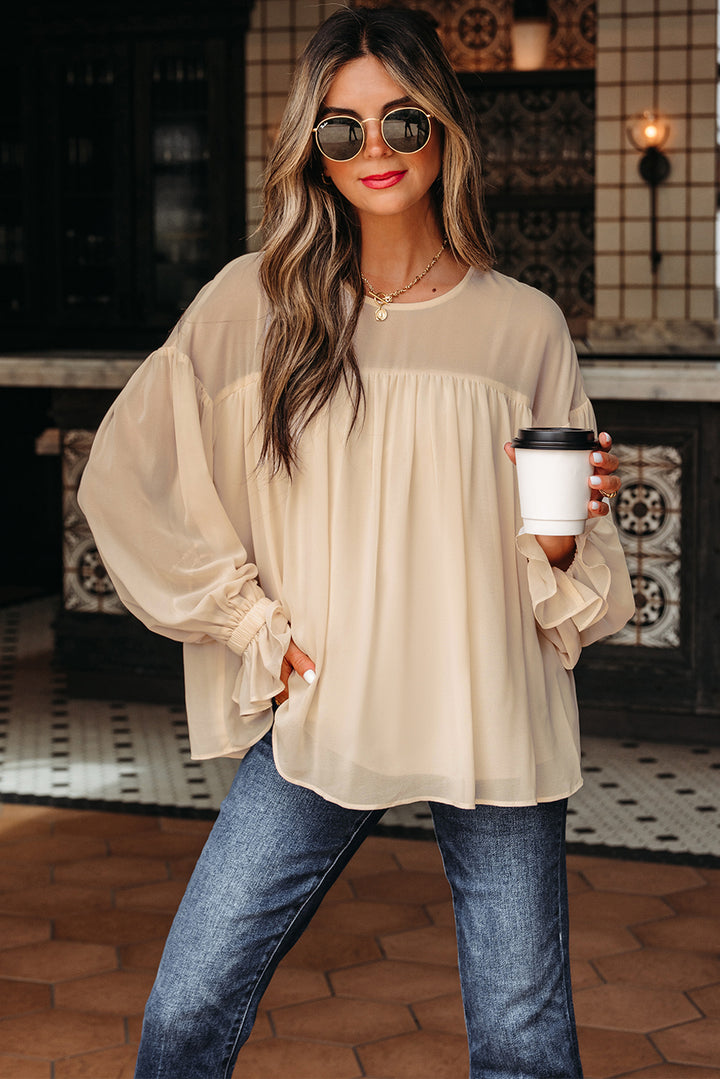 Pleated Ruffle Long Sleeve Chiffon Blouse